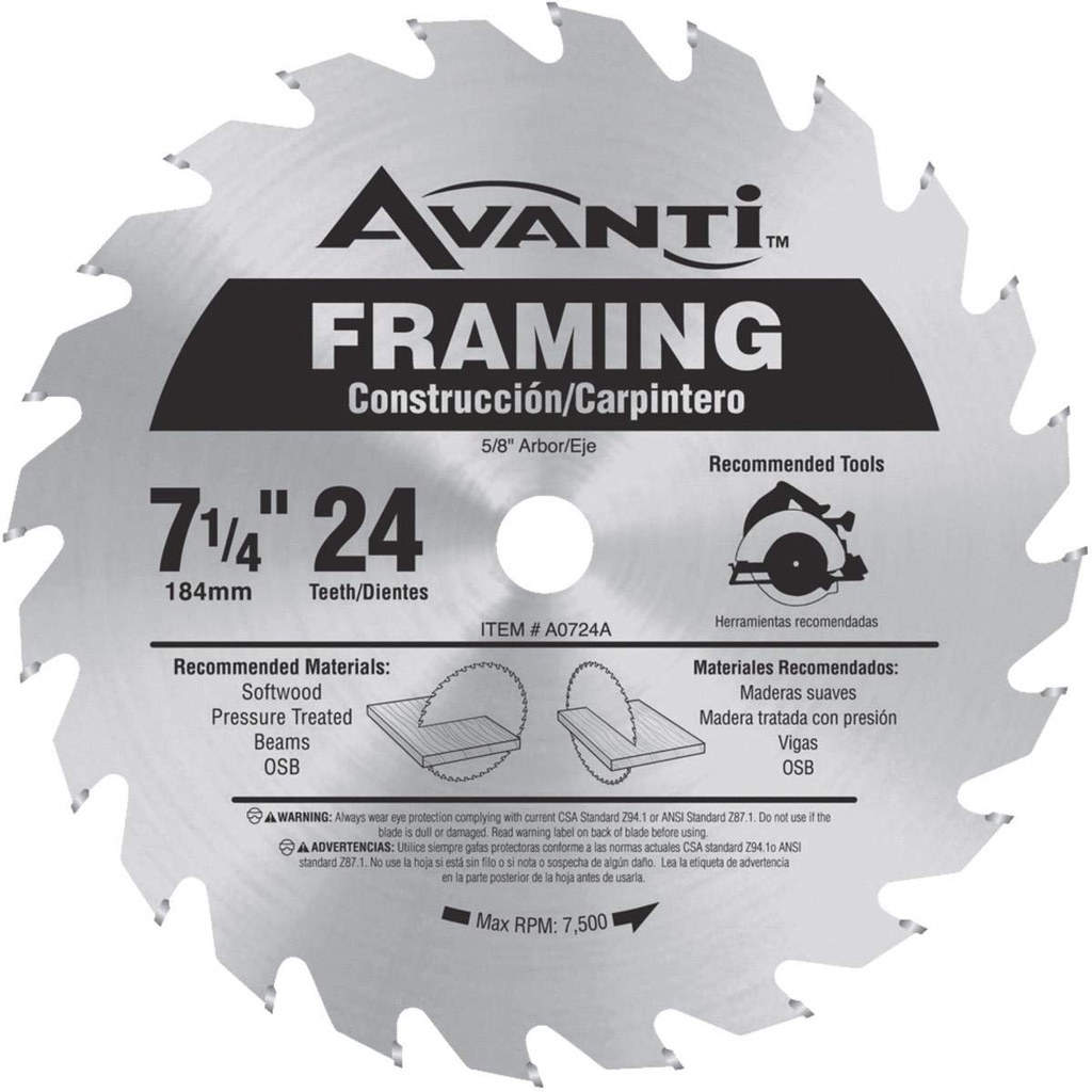 Lame à bois pour scie circulaire, Avanti, 7-1/4&quot;, 24 dents (10un/pqt)