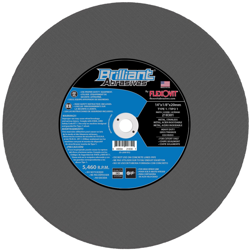 Disque à couper pour métal &amp; inoxydable, Brillant, 14&quot; x 1/8&quot;, Arbre de 20mm, Type1 (10un/bx)