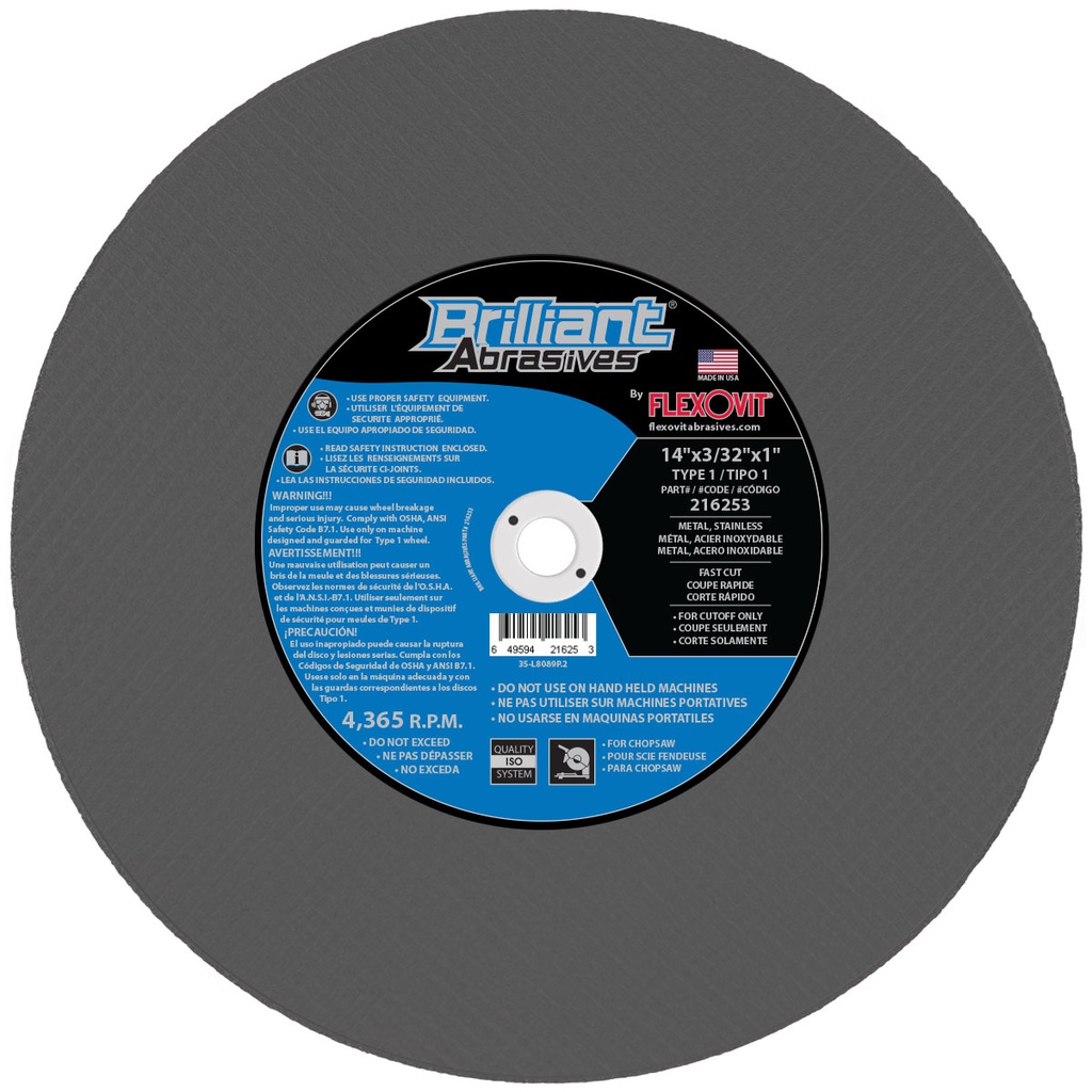 Disque à couper pour métal &amp; inoxydable, Brillant, 14&quot; x 3/32&quot;, Arbre de 1&quot;, Type1 (10un/bte)
