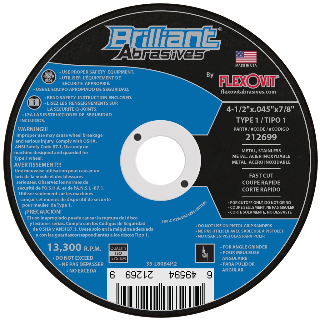Disque pour couper le métal, Brillant, 4-1/2&quot; x 0.045&quot; x 7/8&quot;, Type 1, Métal/Acier Inoxydable (25un/bte)