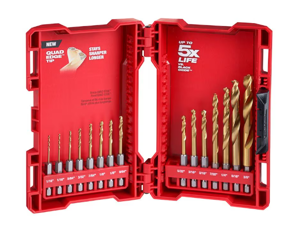 Metal drill kit Shockwave, 2x 1/16 '', 5/64 '', 3/32 '', 7/64 '', 2x 1/8 '', 9/64 '', 5/32 '' , 3/16 '', 7/32 '', 2x 1/4 '', 5/16 '', 3/8 '' titanium