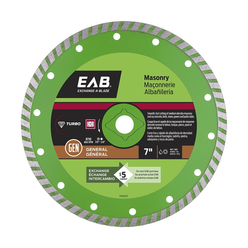 Masonry diamond circular saw blade, EAB Turbo, 7'', Serrated continuous rim (5un/bx)