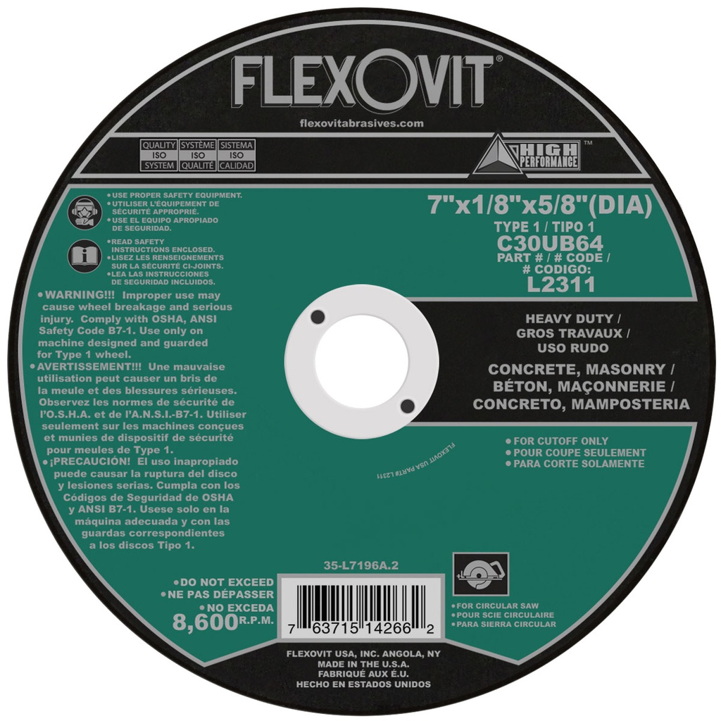 Disque pour scie circulaire pour béton, FlexOvit, 7" x 1/8" x 5/8", Type 1, Béton/Maçonnerie (25un/bte)