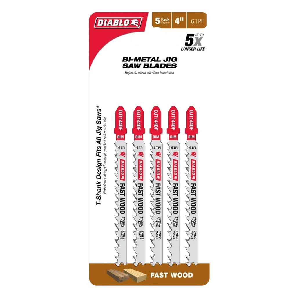 Lame à bois pour scie sauteuse, Diablo, 4", 6 TPI, Tige en T (5un/pqt)