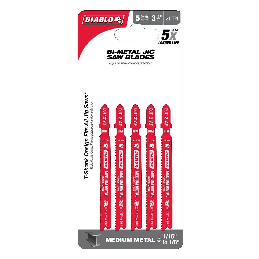Lame à métal moyen pour scie sauteuse, Diablo, 3-5/8&quot;, 21 TPI, Tige en T (5un/pqt)