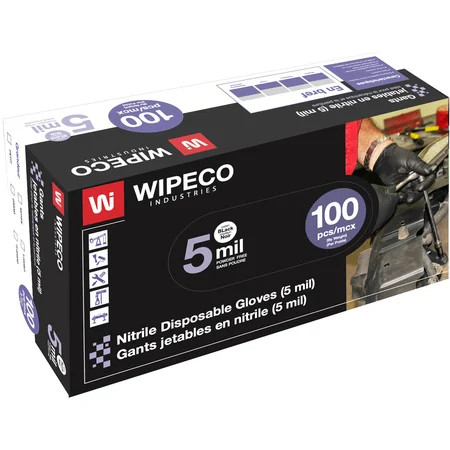 Disposable nitrile Glove, WIPECO, Powder-Free, 5 mil, Black (100pair/bx)
