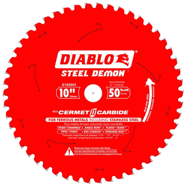 Lame à métal pour scie circulaire, Diablo, 10", 50 dents, Arbre de 1" (1un)