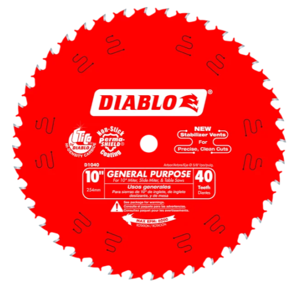 Lame à bois pour scie circulaire, Usage général, Diablo, 10&quot;, 40 dents (10un/bte)
