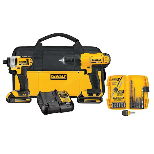 Ensemble Dewalt DCK241C2, Marteau perforateur/visseuse 3/8'', Visseuse et visseuse à percussion 1/4&quot; 1,5 AH, Sans Balais, Li-Ion 20V MAX, 2x Batteries, 1x Chargeur, 1x Sac de travail, Ensemble d'accessoires 15 pièces