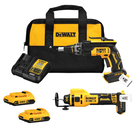Ensemble Dewalt, Visseuse à cloison sèche DCF630B et outil de découpe DCE555B, Sans Balais, 2x Batteries Li-Ion 20V MAX 2.0Ah, 1x Chargeur, 1x sac de travail