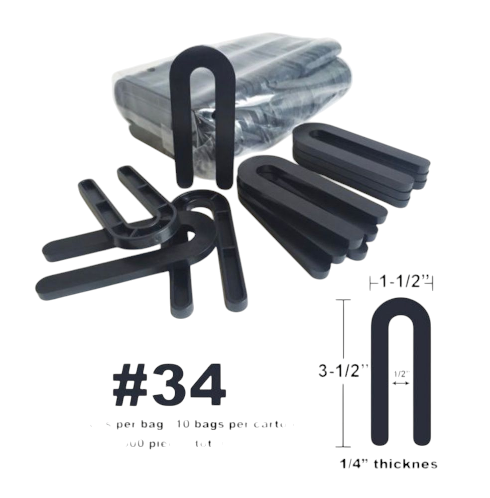 Cales en fer à cheval 1-1/2'' x 3-1/2'' x 1/2&quot;, Econ-O-Shim, Forme en U, Plastique, Noir (30un/pqt,150un/bte)