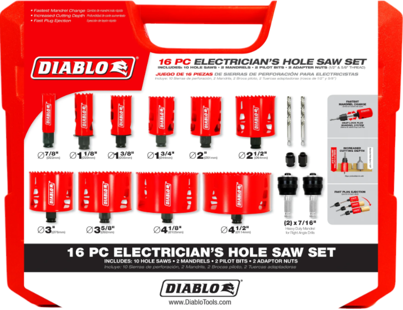 Hole saw kit for electricians, Diablo, 16 pcs, Bi-metal