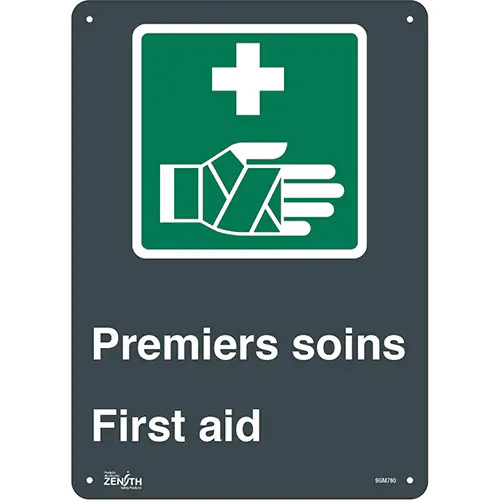 Enseigne « Premiers Soins/First Aid », 14" x 10", aluminium, bilingue